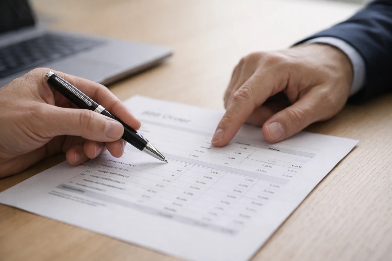 Two hands checking a printed order sheet line by line with a pen